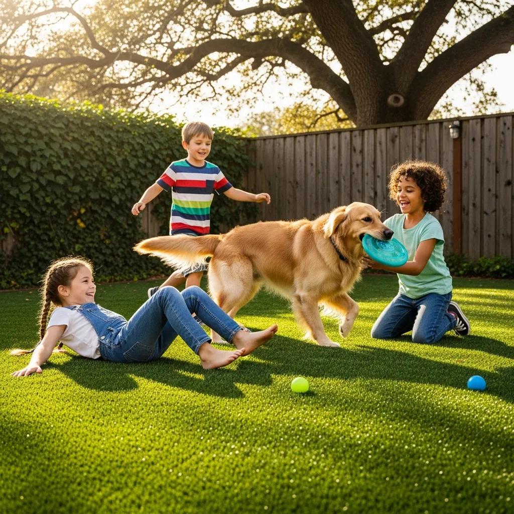 Children and a dog playing on pet-friendly artificial grass in a sunny backyard