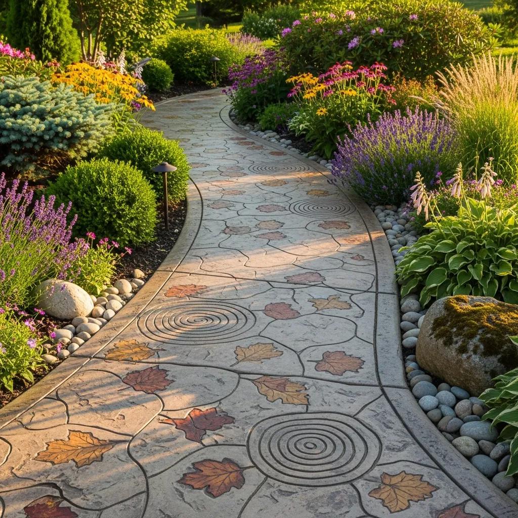 Custom decorative concrete walkway surrounded by vibrant landscaping