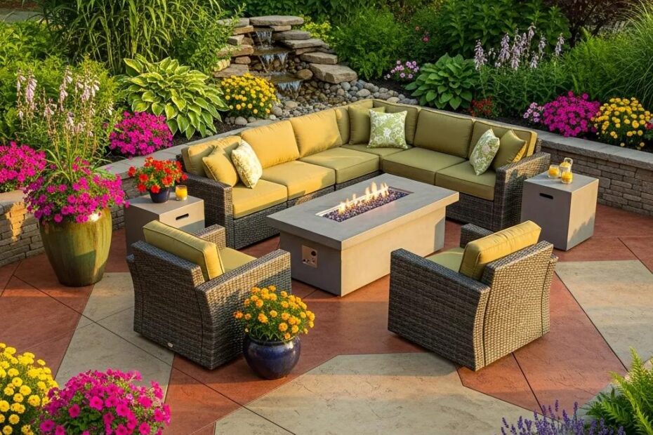 Decorative concrete patio with stylish furniture and lush landscaping in Orange County