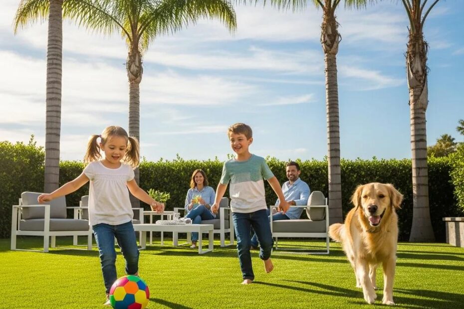 Lush artificial grass lawn in Orange County with family and pet enjoying outdoor activities