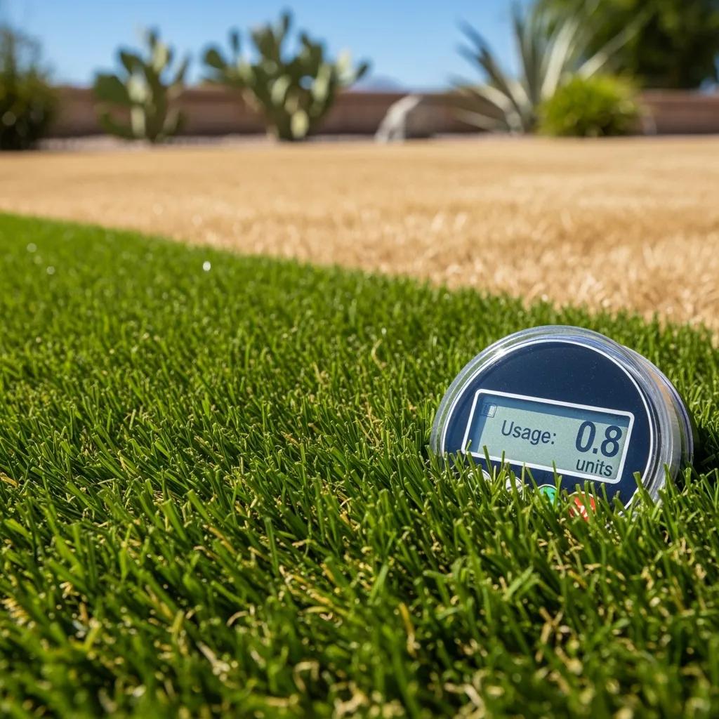 Water meter indicating savings with artificial grass in drought-prone Orange County