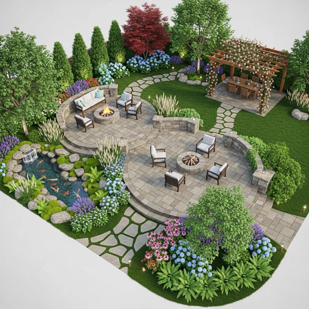 3D rendering of a custom backyard design featuring seating areas, fire pit, pond, and lush landscaping.