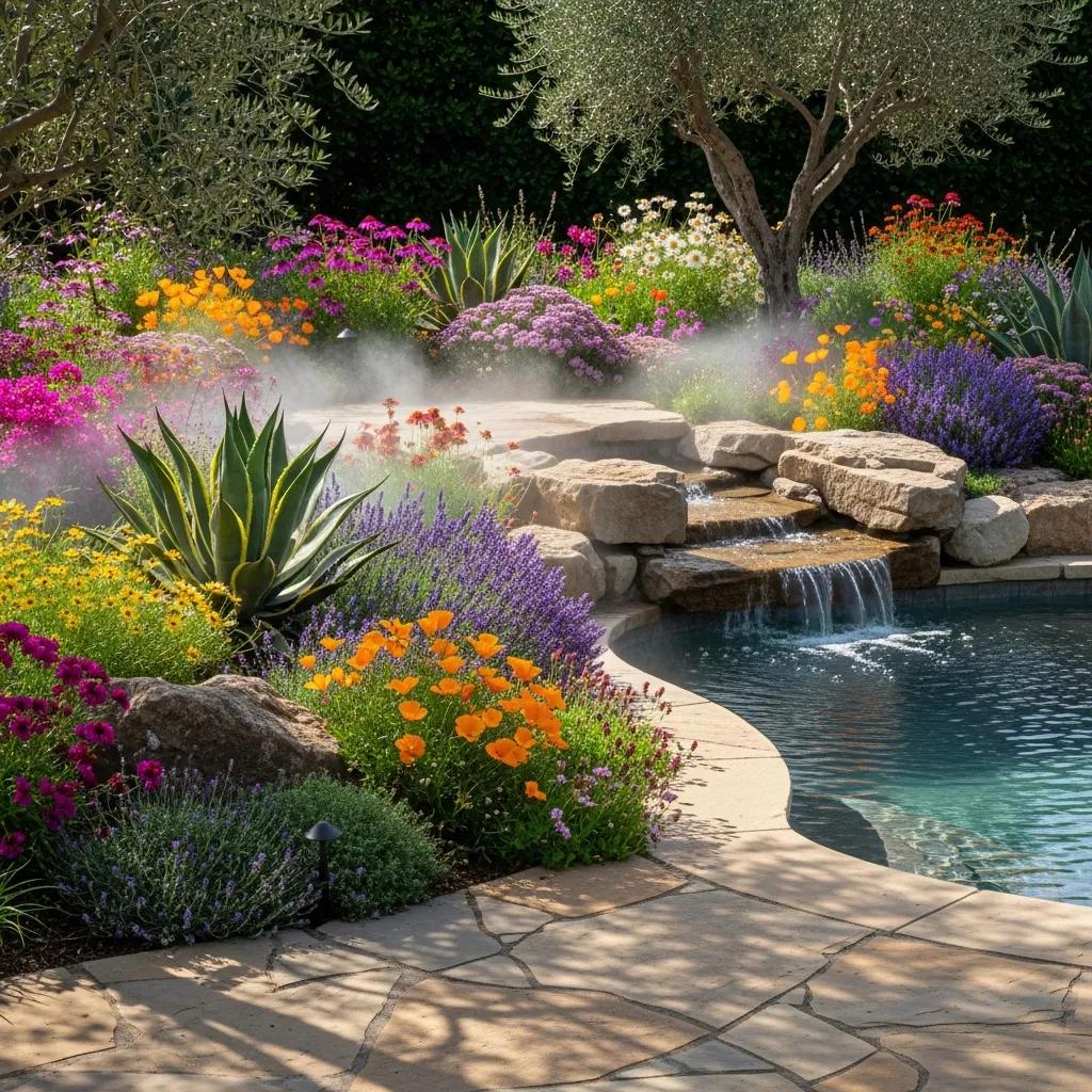 Drought-tolerant garden featuring vibrant native plants and a serene pool area with a waterfall.