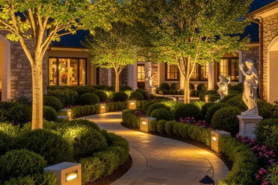Professional landscape lighting design enhancing outdoor commercial space
