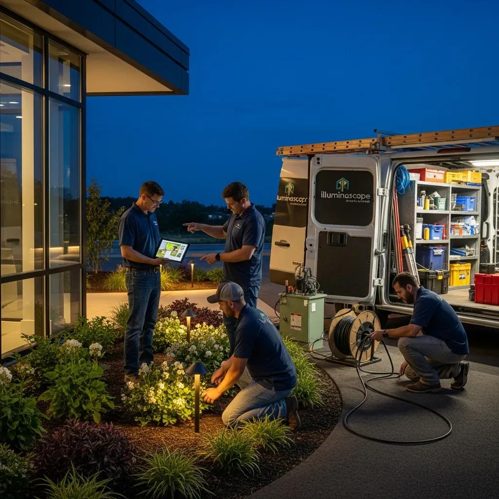 Professional landscape lighting installation process in a commercial setting