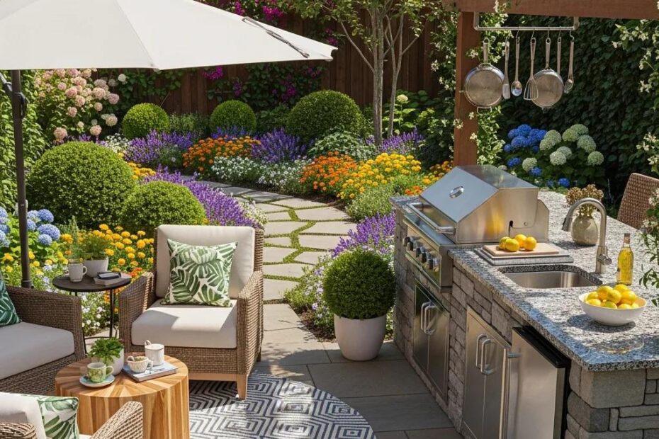 Stunning outdoor living space with landscaped garden and outdoor kitchen