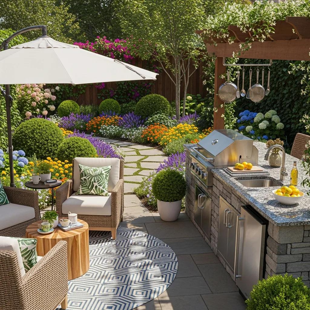 stunning outdoor living space with landscaped garden, outdoor kitchen, and cozy seating area