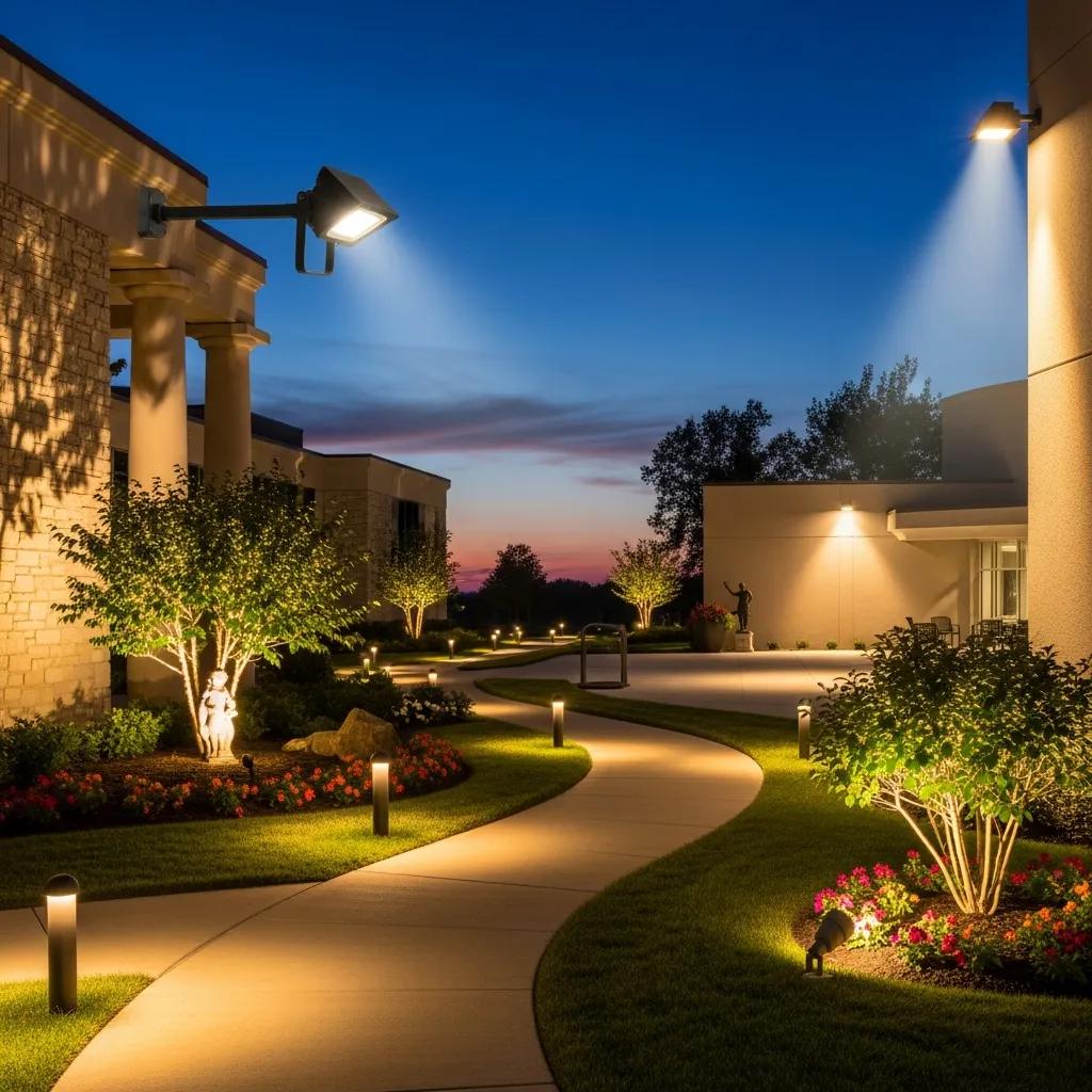 Various outdoor commercial lighting solutions enhancing business environments