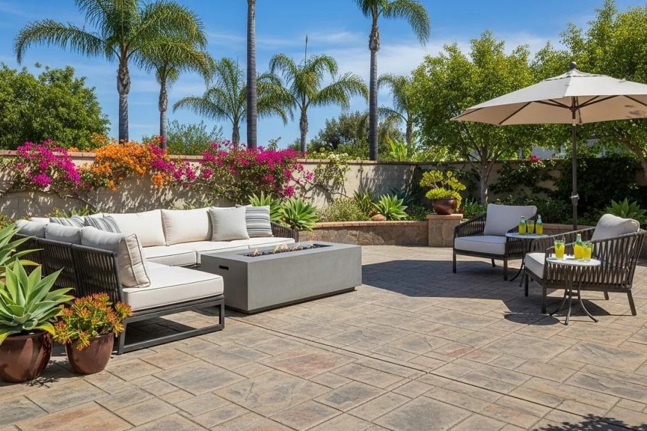 Beautiful concrete patio design in Southern California with stamped finishes and outdoor furniture