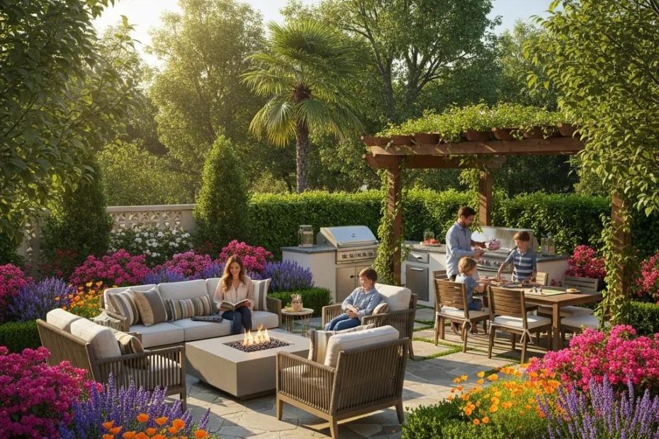 Beautiful outdoor living space in Orange County with lush landscaping and a family enjoying the garden
