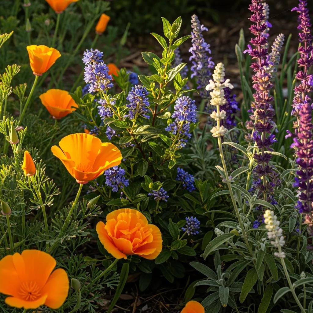 Close-up of drought-tolerant native plants in Orange County, including California Poppy and California Lilac
