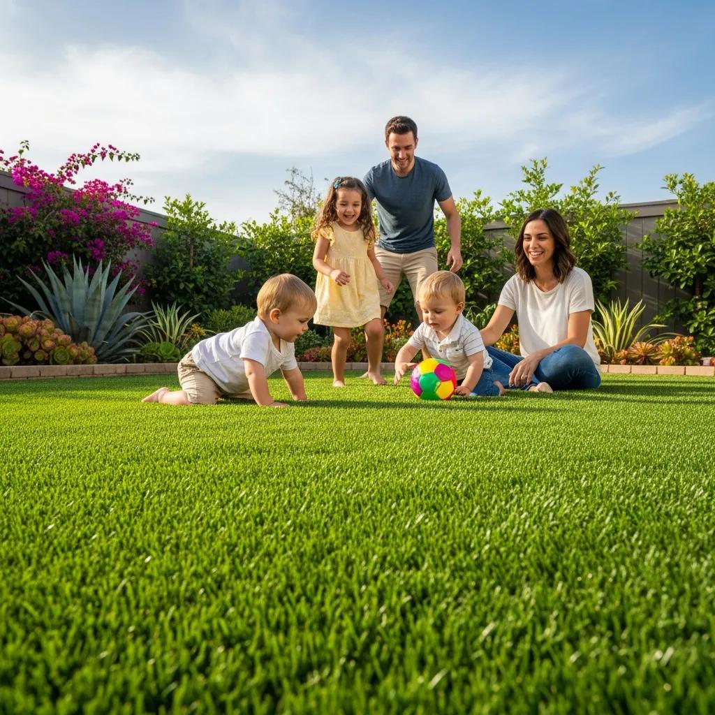 Freshly installed turf lawn in a residential backyard with a family enjoying the space
