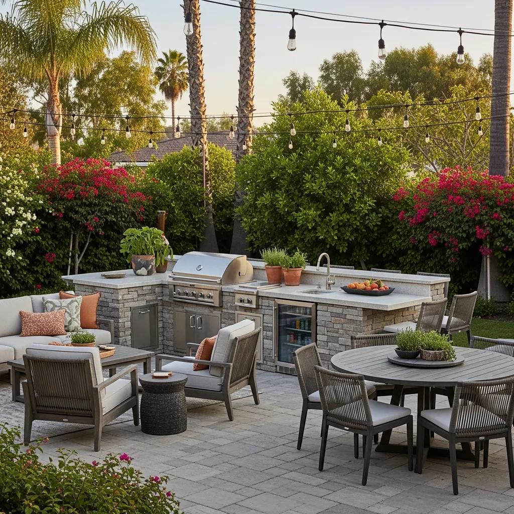 Stylish outdoor kitchen and patio area designed for entertaining in a landscaped backyard