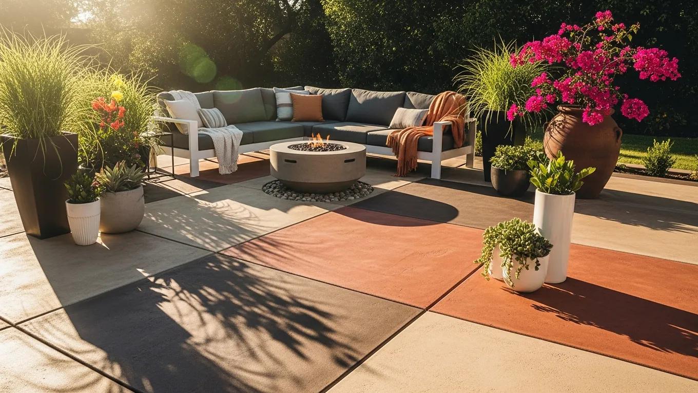 Stylish stained concrete patio with seating and plants, enhancing outdoor living space