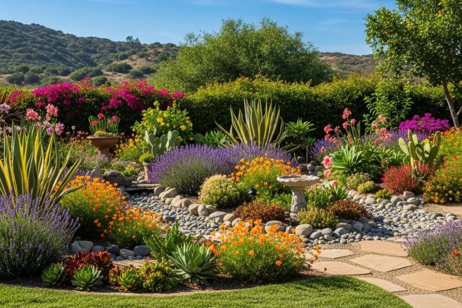 Vibrant sustainable garden in Orange County featuring drought-tolerant plants and eco-friendly landscaping